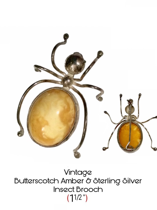 Vintage Jewelry - Vintage Insect Spider Brooch Pin Butterscotch Amber Sterling Silver Pristine!